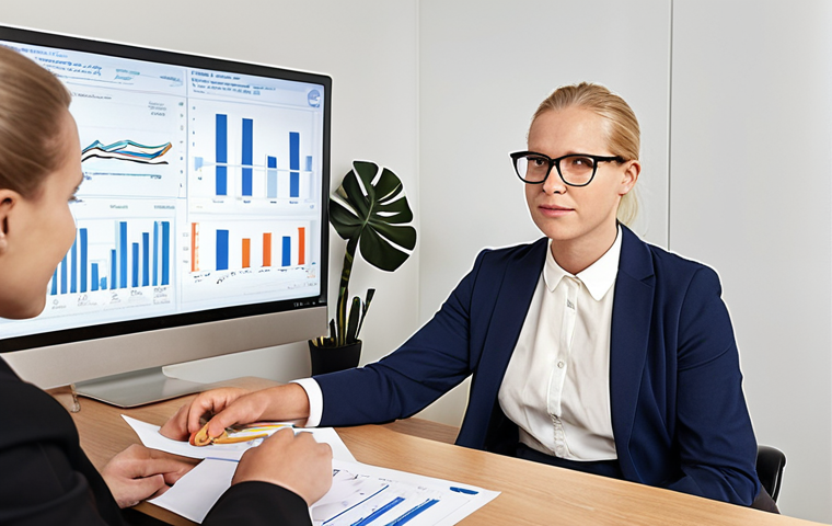 **
Prompt: *A confident Swedish "handikapprådgivare" (disability counselor) sitting at a modern office desk, negotiating salary with a recruiter. Focus on professionalism and empowerment. A graph subtly displayed in the background shows increasing salary with experience. Scandinavian design elements.*
**