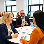 **

"A diverse group of people networking at a professional conference, focus on engaged conversations and building connections. Seminar or event setting, modern design, bright and inviting atmosphere. Depicting a supportive community for 'samtalsstödjare' (support counselors)."

**