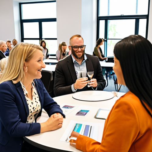 Home 6 **
"A diverse group of people networking at a professional conference, focus on engaged conversations and building connections. Seminar or event setting, modern design, bright and inviting atmosphere. Depicting a supportive community for 'samtalsstödjare' (support counselors)."
**
